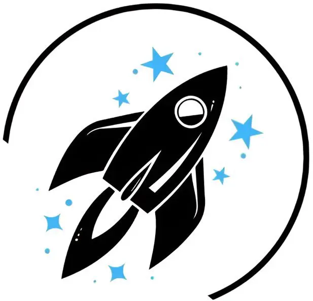 A black and white rocket with stars around it.