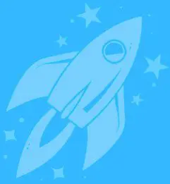 A blue background with stars and a rocket.